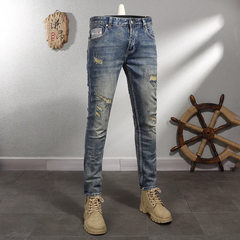 Ripped Jeans Men's Retro Nostalgic Fashion Men's Clothing Street Casual Motorcycle Trousers High Street Slim Skinny Pants