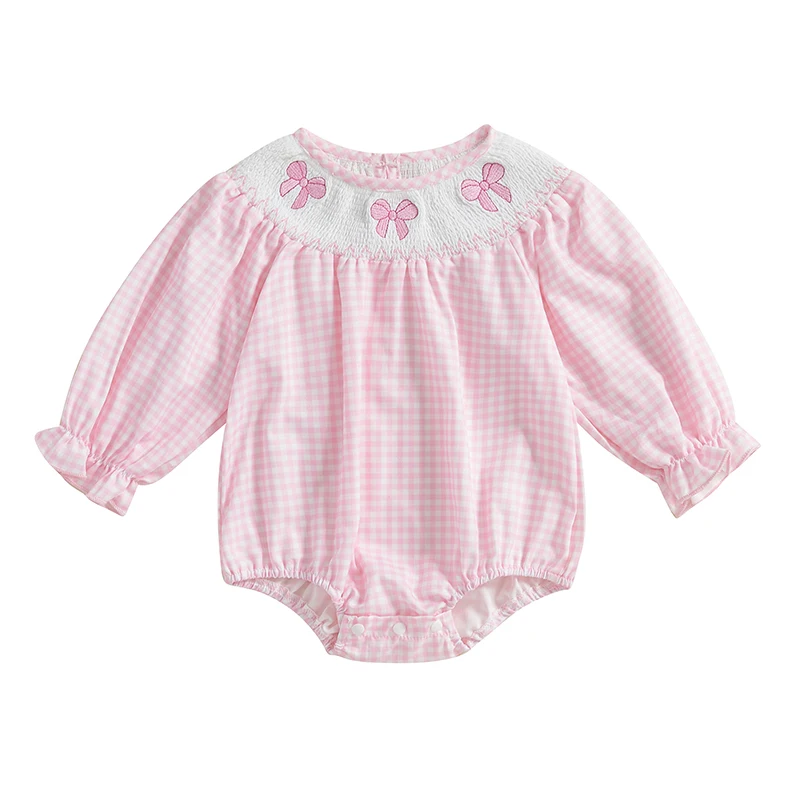 Newborn Infant Baby Girl Bubble Romper Bow Embroidery Plaid Puff Long Sleeve Smocked Cotton Linen Bodysuit Cute Fall Clothes