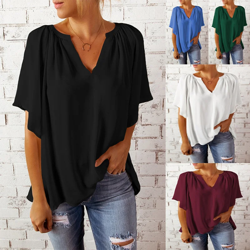 Summer Women's Casual T-irt Blouse Street Sle Loose Fit V-Ne ort Sve Polyester Chiffon Top for Middle-Aged Ladies