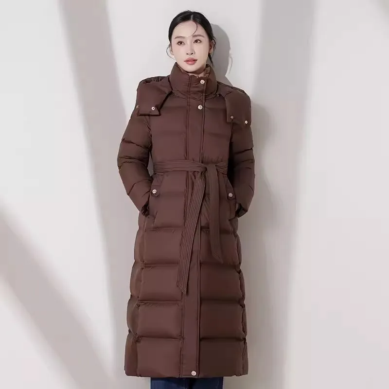 

95% White duck down Jacket For women New Winter 2024 Long Knee length Thicken Warm Coat Black Female Hooded Parka Down Overcoat