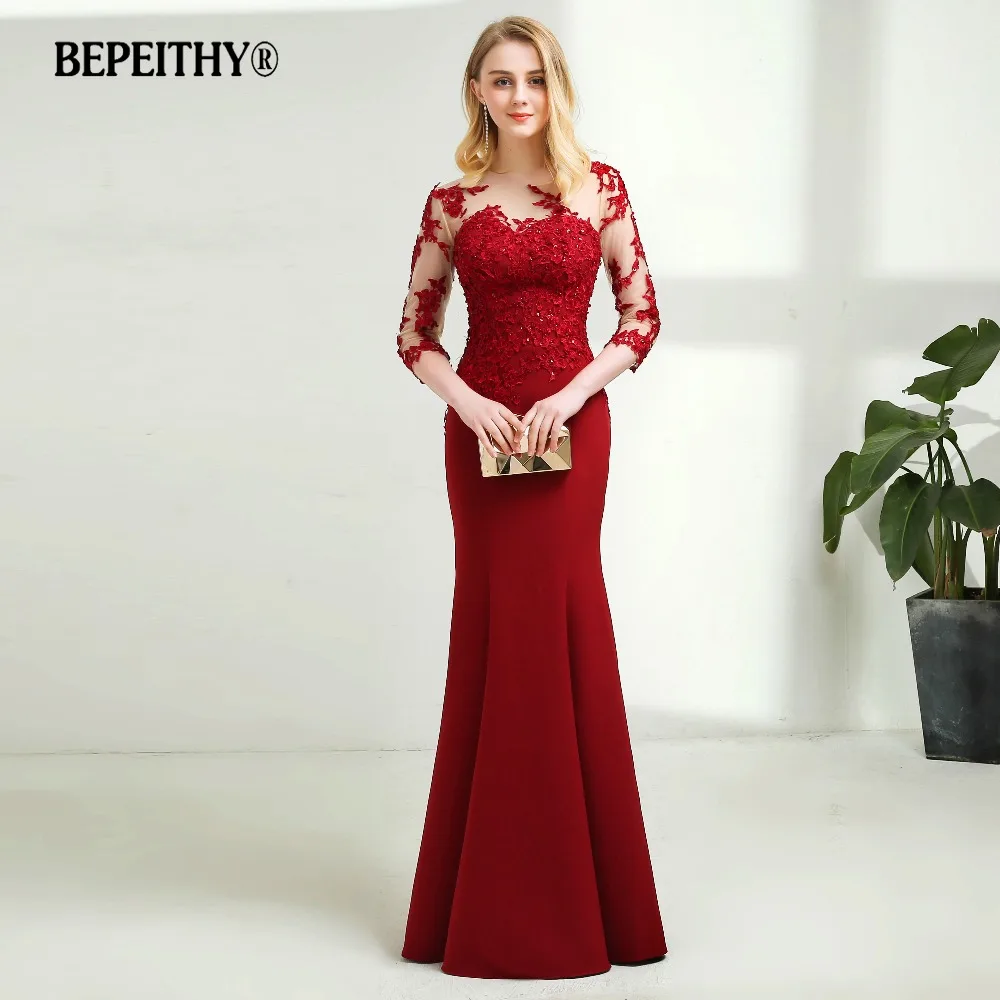 BEPEITHY Customized O-neck Mermaid Evening Dress For Women Sheer Three Quarter Sleeves Robe De Soirée Floor Length Prom Dresses