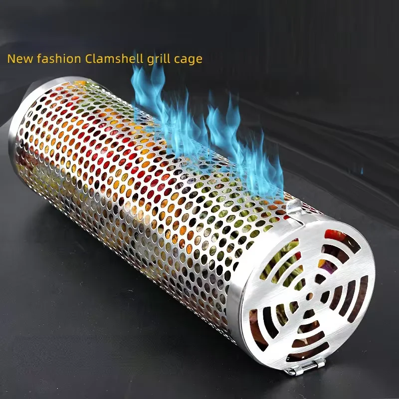 

New Rolling Grilling BBQ Basket Stainless Steel Leakproof Mesh Barbecue Rack Outdoor Picnic Camping Simple Cylindrical BBQ Grill