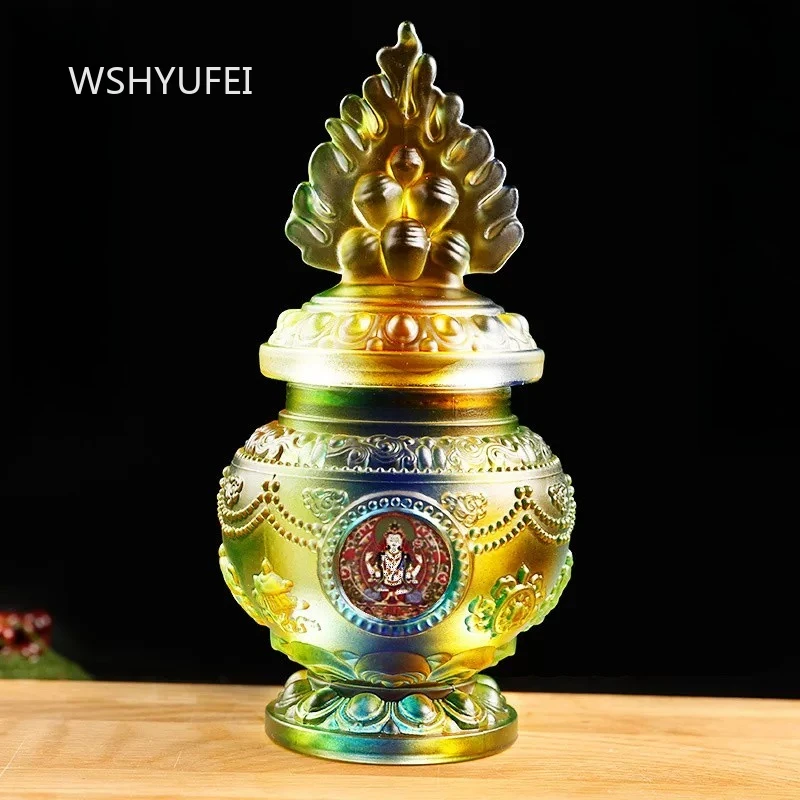 Colored Glaze Lucky Mani Vase Tibetan Style Ethnic Lotus Shaped Offering Ornament Household Treasure Bottle Religious Supplies