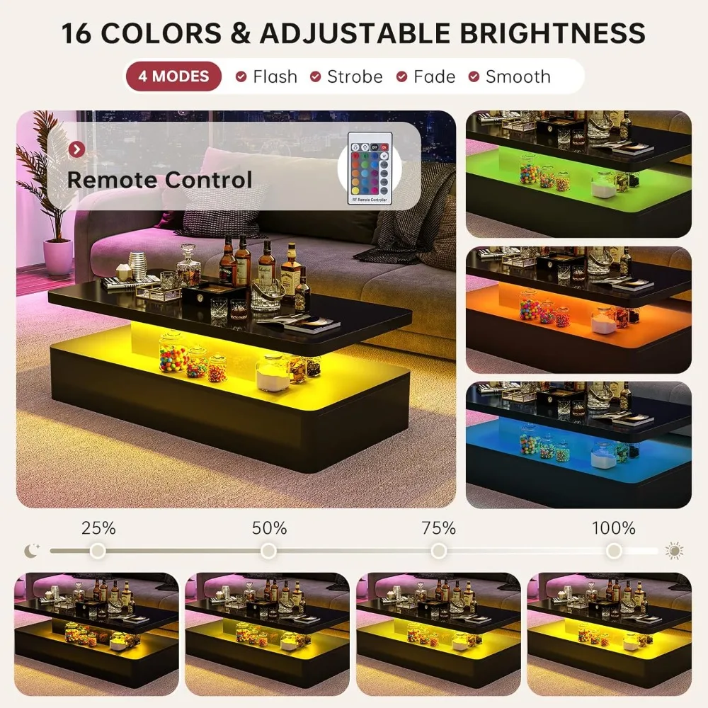 طاولة قهوة حديثة LED، 40 طاولة غرفة معيشة مع 16 مصباح LED ملون، تصميم مزدوج الطبقة، طاولة قهوة أنيقة
