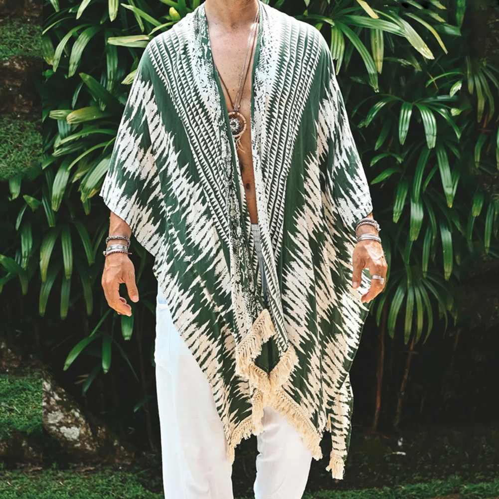 Beach Party Casual Outings Summer Retro Shawl Tassel Beach Cardigan 3XL Green Beach Vacation Wear Fashion Holiday Clothing