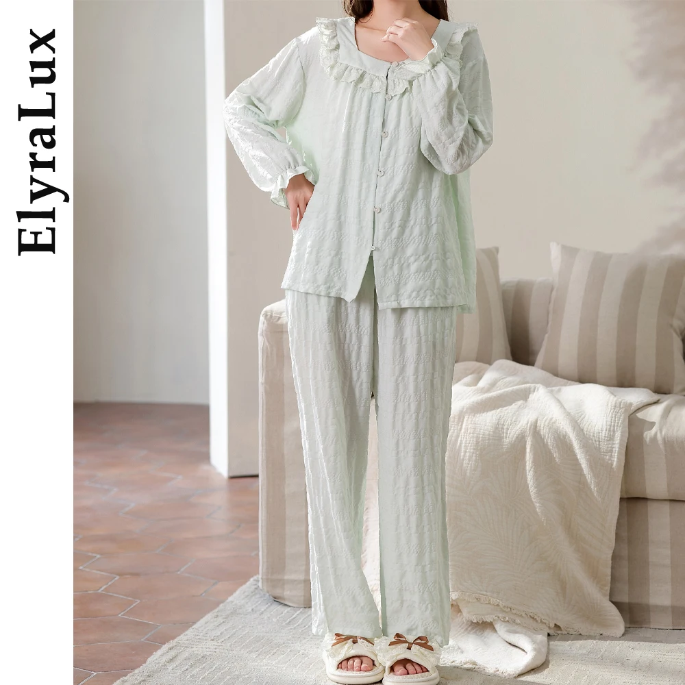 

ElyraLux Осенняя одежда для сна из морщинистой ткани, брюки с длинными рукавами, открытый кардиган, домашняя одежда, женская пижама для гостиной, спальни, пижама