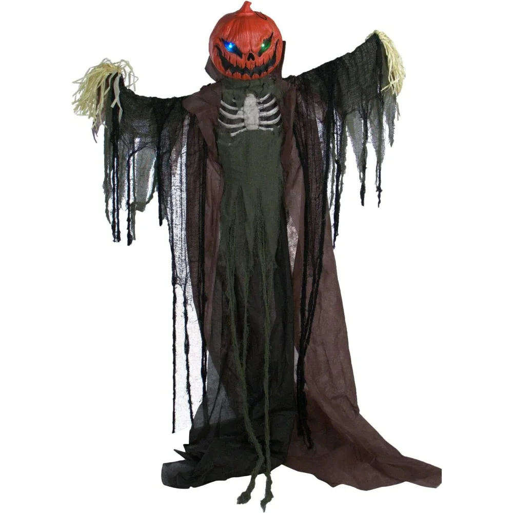 

Halloween decorated life-size posing pumpkin scarecrow with touch activating lights sound animatronics, Festive & Party Supplies