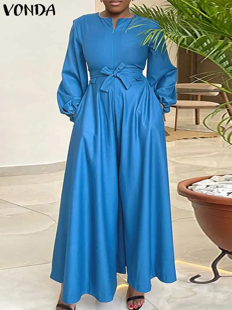 VONDA Women Elegant Jumpsuit 2024 Casual Rompers Spring Autumn Long Lantern Sleeve Zipper Up O-Neck Wide Leg Pants Belted