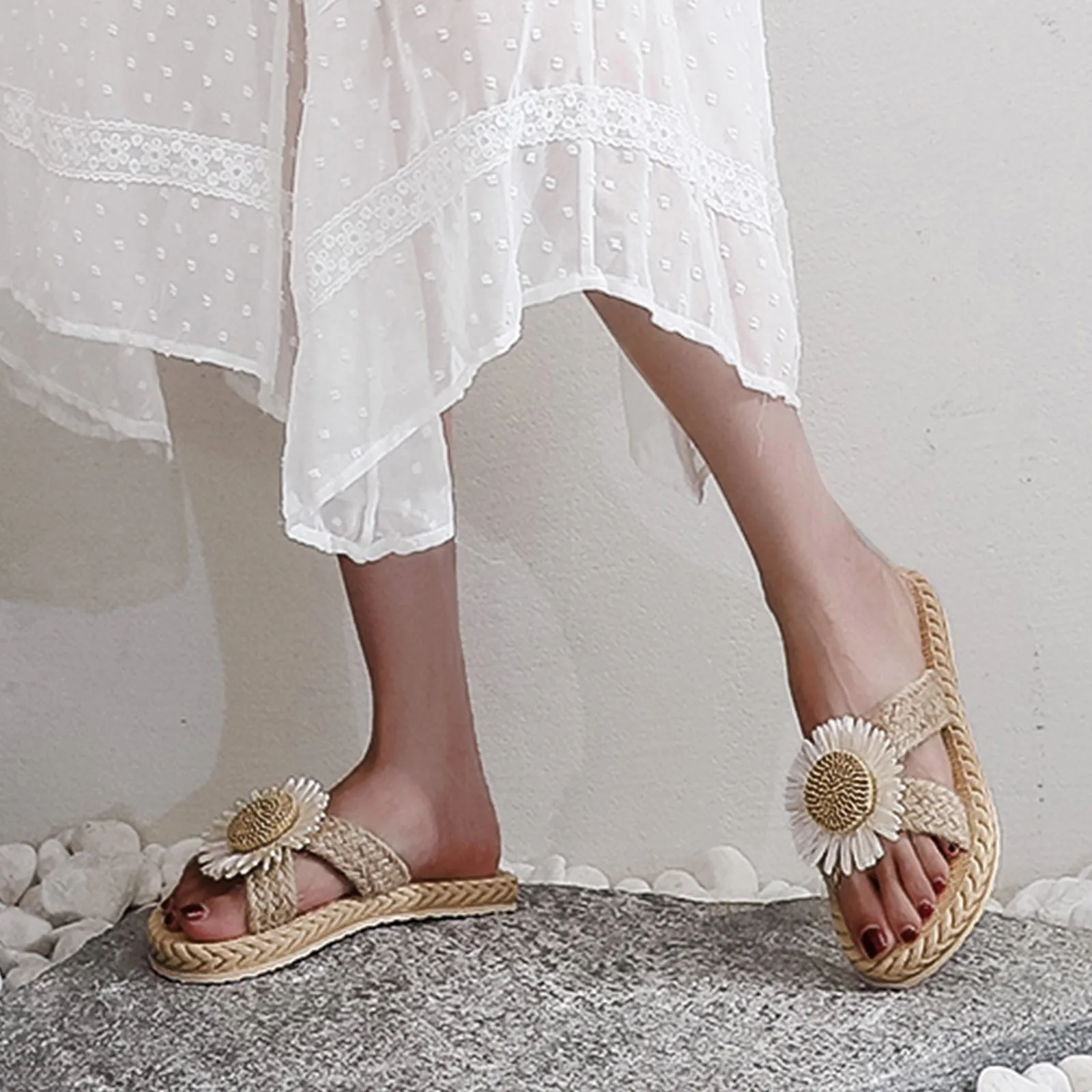 شبشب للشاطئ للنساء ، شفاط مقلد منسوج ، صنادل مسطحة ، موضة صيفية متطابقة ، كتان وقطن #3
