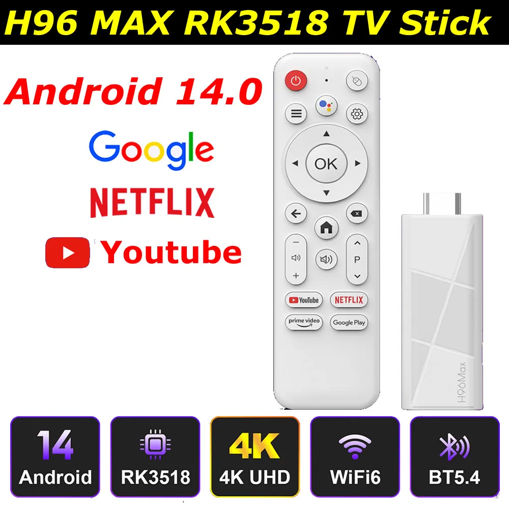 

TV Stick H96 MAX RK3518 Android 14 Smart TV Box 4K Youtube 2 ГБ 16 ГБ 8 ГБ Wi-Fi6 BT5.4 Google Voice Медиаплеер