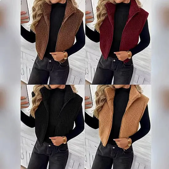 Double-Sided Furry Zip-Up Vest, Women's Plush Cardigan, Fleece Vest, Open Front Sleeveless Top for Spring Summer