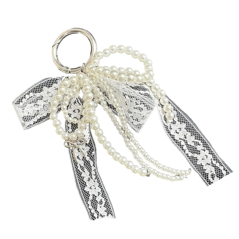 Bowknot Hanging Charm Imitation Pearls Beaded Bowtie Pendant Keychain Butterfly Knot Key Chain Jewelry for Women Girls