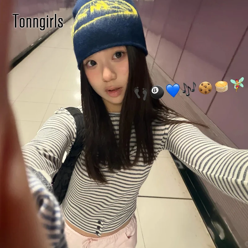 Tonngirls Japanisches Y2k-T-Shirt für Damen, langärmelig, gestreift, bauchfreies Oberteil, koreanischer Stil, Grunge-Tops, 2000er-Jahre-Ästhetik-T-Shirts, Streetwear