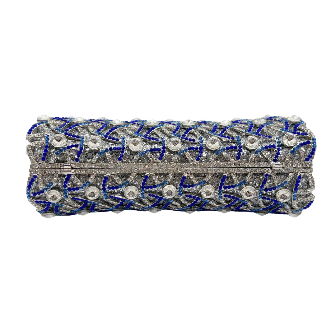 Silver-Blue Cylinder Clutch, Metallic Gradient Evening Bag for Women. OEM Custom Modern Purse, Low MOQ Wholesale from Factory Di
