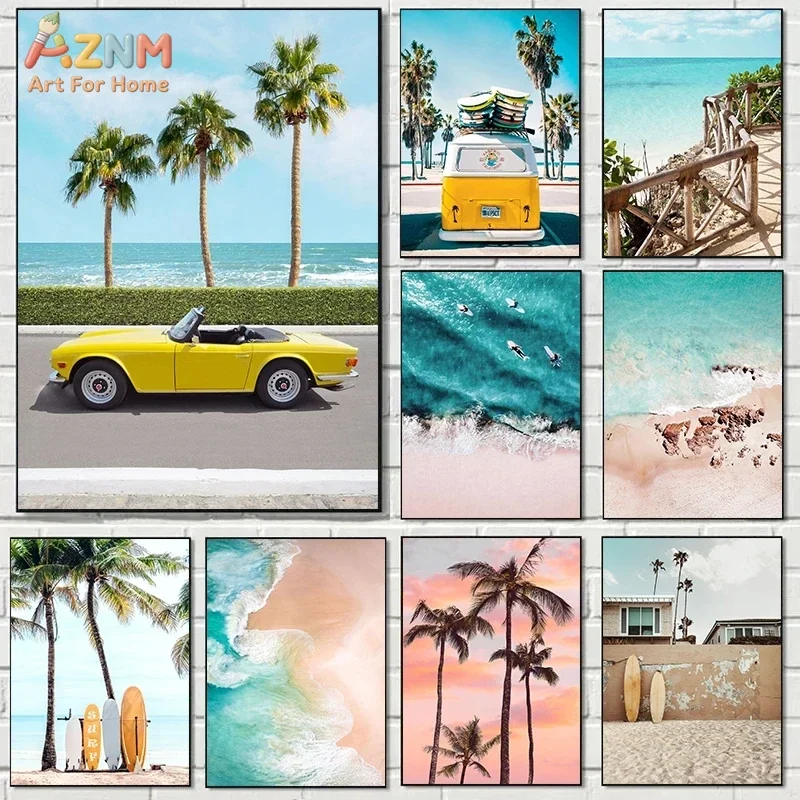 AZNM Tropical Beach Canvas Wall Art Vintage Yellow Car Palm Tree Surfboard Ocean Wave Scenery Print Unframed Canvas Painting Coa