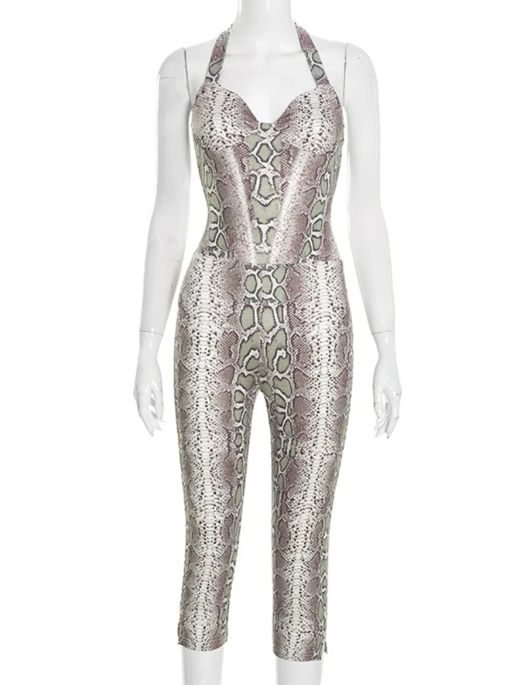 SsTss Damen-Overall, sexy, ärmellos, Schlangenmuster, Neckholder, modisch, V-Ausschnitt, rückenfrei, schmale Passform, figurbetont, sieben Punkte, einteiliger Overall