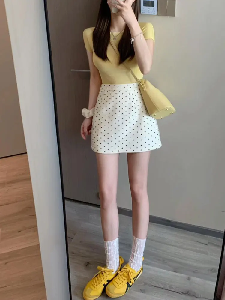 

Юбка А-силуэта в горошек с завышенной талией, женская, для офиса, французский стиль, облегающая, весна 2026