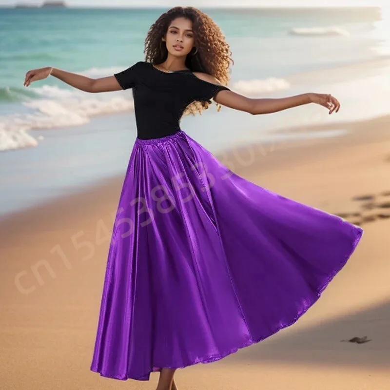 360 Degree Satin Skirt Belly Dance Women Gypsy Long Skirts Dancer Practice Wear 15 Colors Assorted Solid Purple Gold Dance Skirt