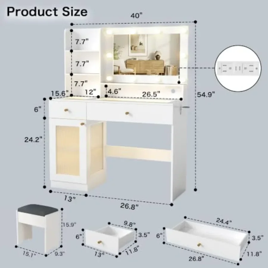 White makeup vanity desk for bedroom: MDF dressing table with LED mirror and 2 smooth-gliding drawers, modern minimalist design