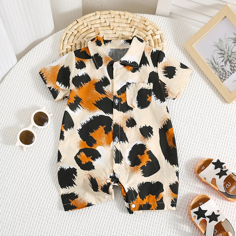 

2025 Summer Newborn Baby Clothes Comfortable Thin Cotton Turn-Down Collar & Leopard Print Romper