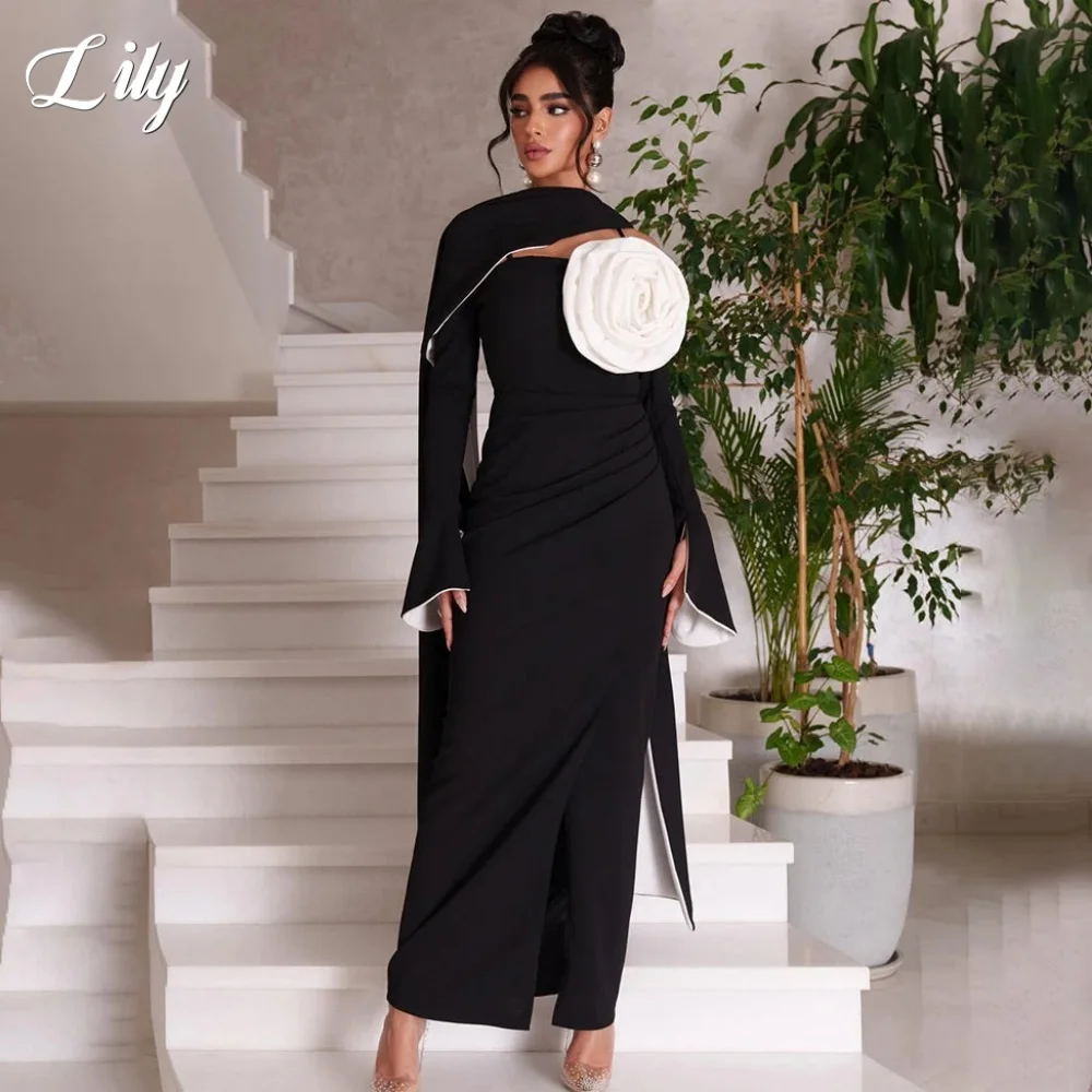 Sukienki wieczorowe Lily Black Satin, fason trąbka, z rozcięciem, z szalem, długość do podłogi, z kwiatami 3D, suknie balowe dla kobiet, szyte na miarę.