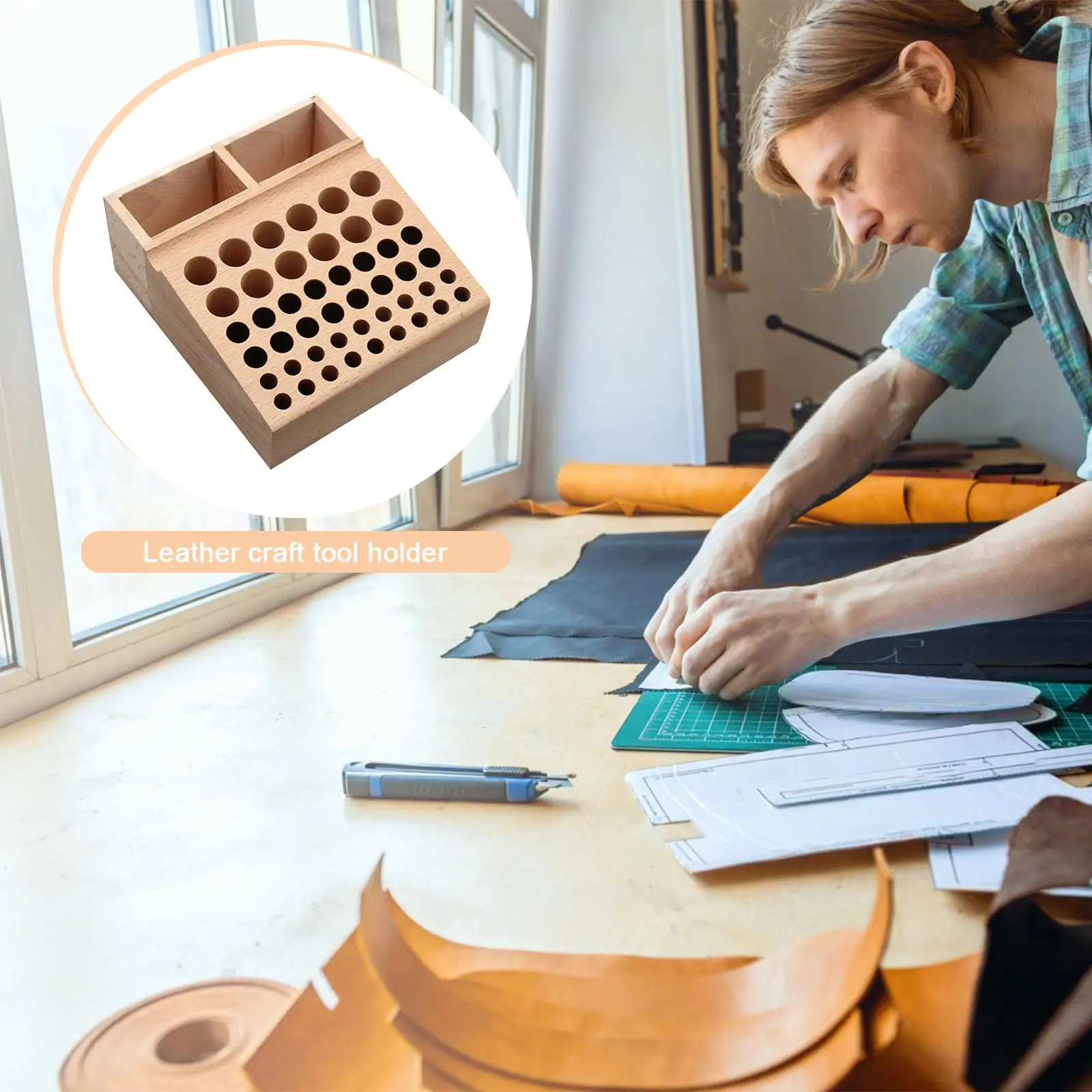 Tool Storage Rack Beech Wood Leather Punch Stand Leather Tools Storage Box For Family Friends Women Professional Working Home