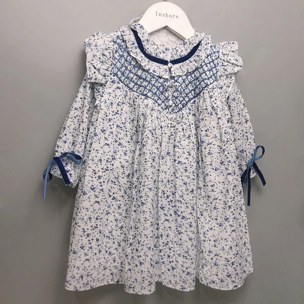 Children Boutique Clothing Summer Girls Half Sleeves Handmade Smoked Blue Floral Cotton Eid Dress Princess Skirt Siblings Outfit