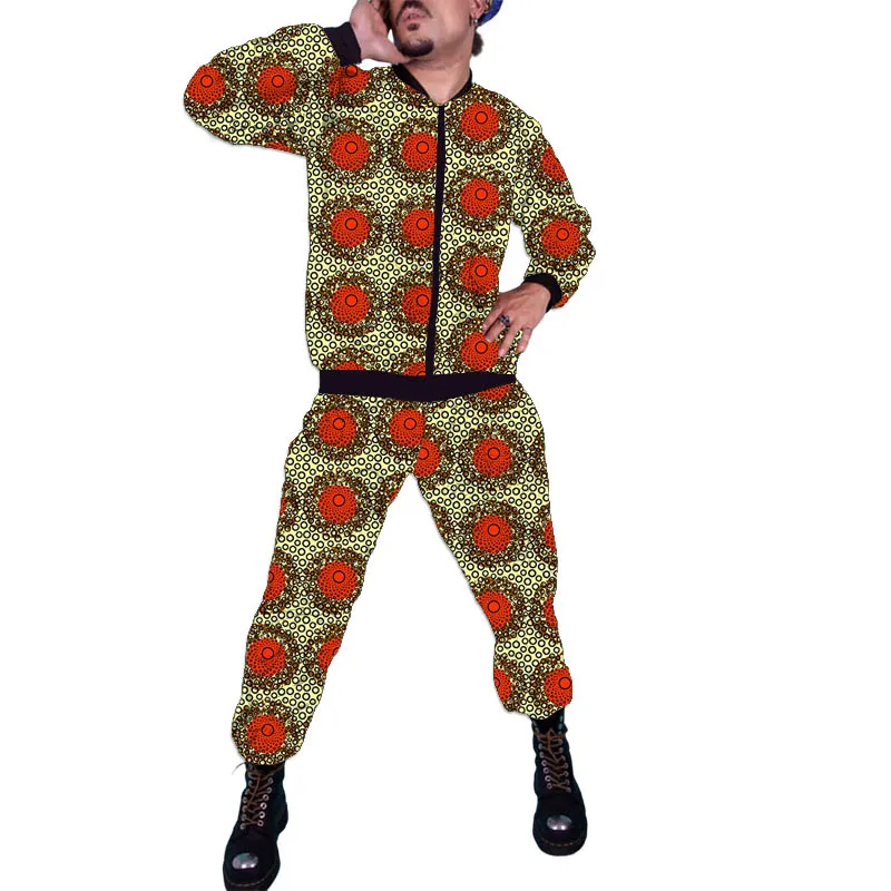 طقم بدلة رياضية رجالي مطبوع عليه شمع سترة بسحاب بنمط عرقي عتيق وسراويل مدببة أزياء أفريقية لمحبي الموضة