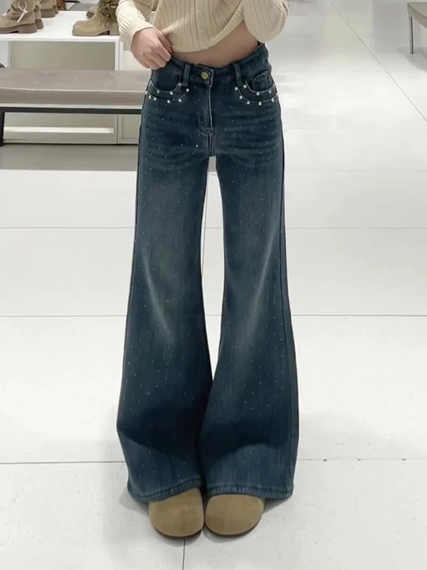 

Джинсы женские с высокой талией, свободного кроя, с легким расклешением, весна 2026, новинка, украшенные стразами, удобные, дышащие