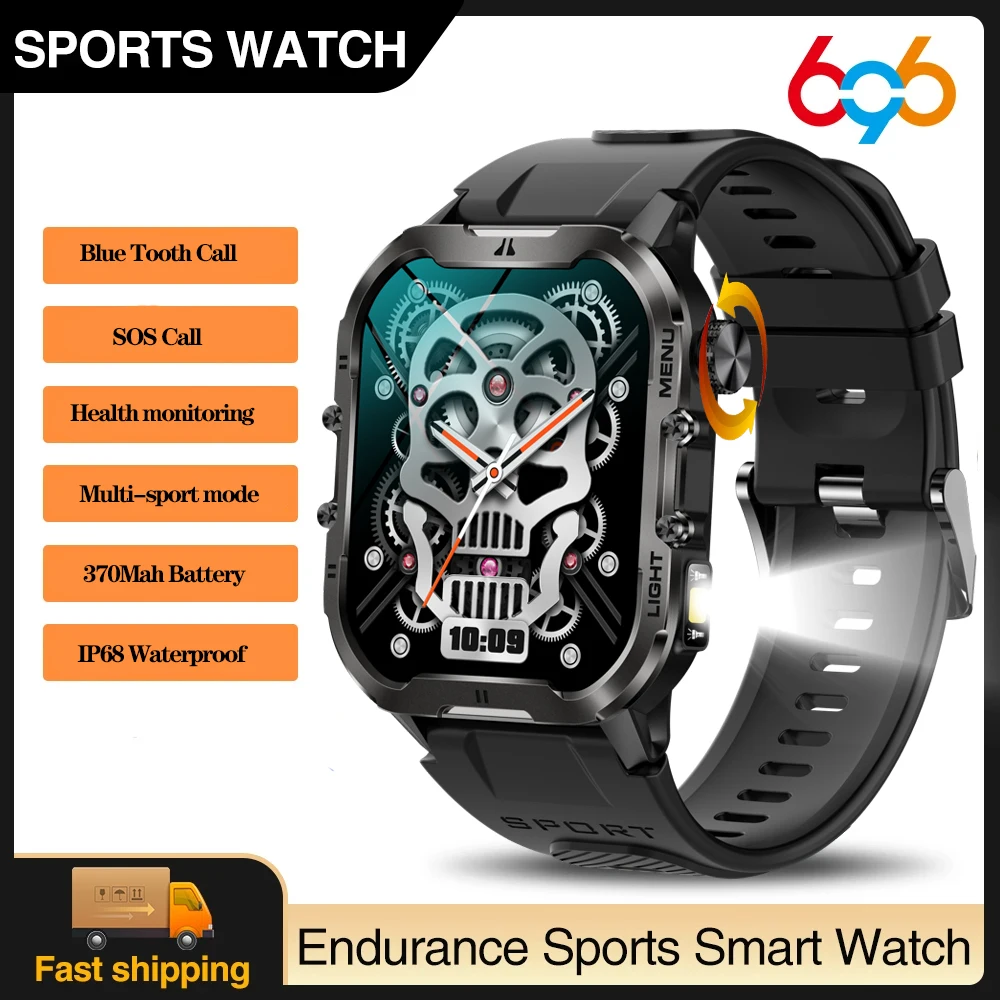 Nieuwe Mannen Outdoor Zaklamp Sport Smart Horloge Gezondheid Lichaamstemperatuur Monitor Smartwatch Blue Tooth Call Anti Fall 1.96 "Scherm