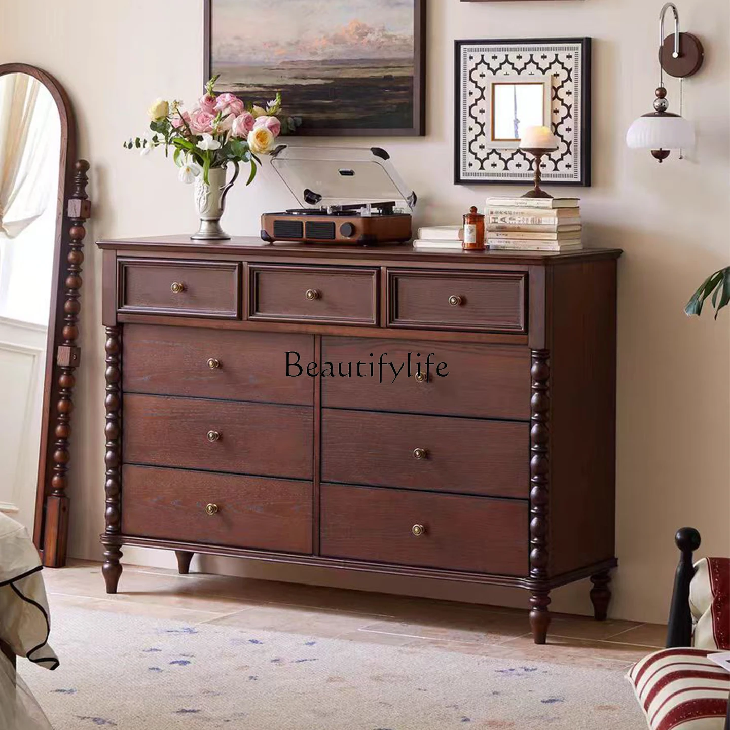 

American Retro Solid Wood Chest of Drawers Bedroom Storage Living Room Wall-Mounted Storage Cabinet