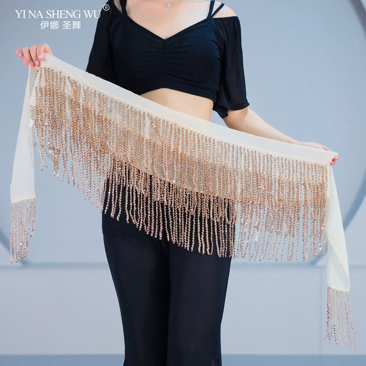 Nieuwe drielaagse kwastje buikdans kraal heupsjaal voor dames high-end kwastje tailleband pailletten buikdans kostuums riem 7-kleur