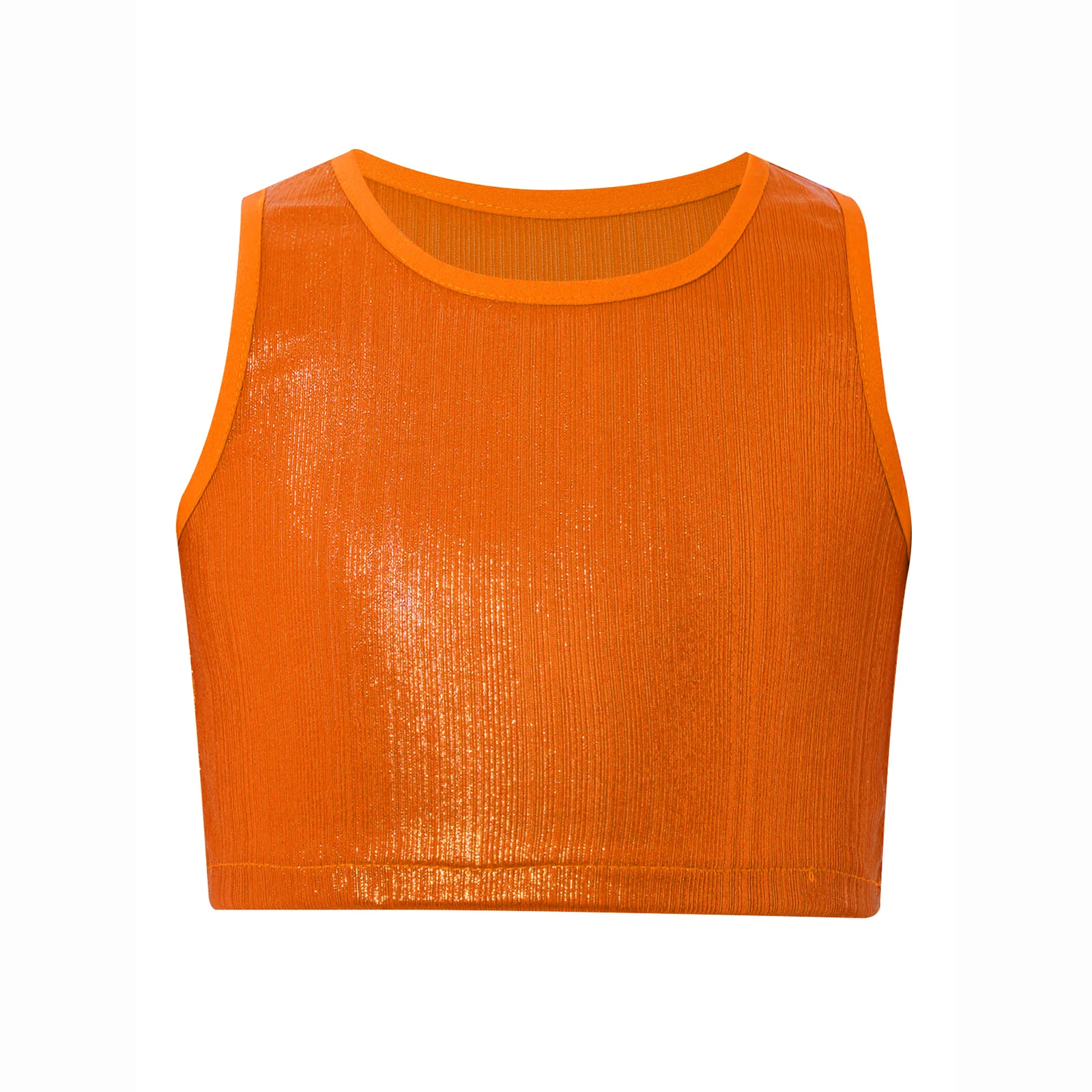 

Kids Girls Jazz Dance Top Metallic Ribbed Round Neck Sleeveless Vest Sleeveless Camisole Crop Top Stage Performance Costume
