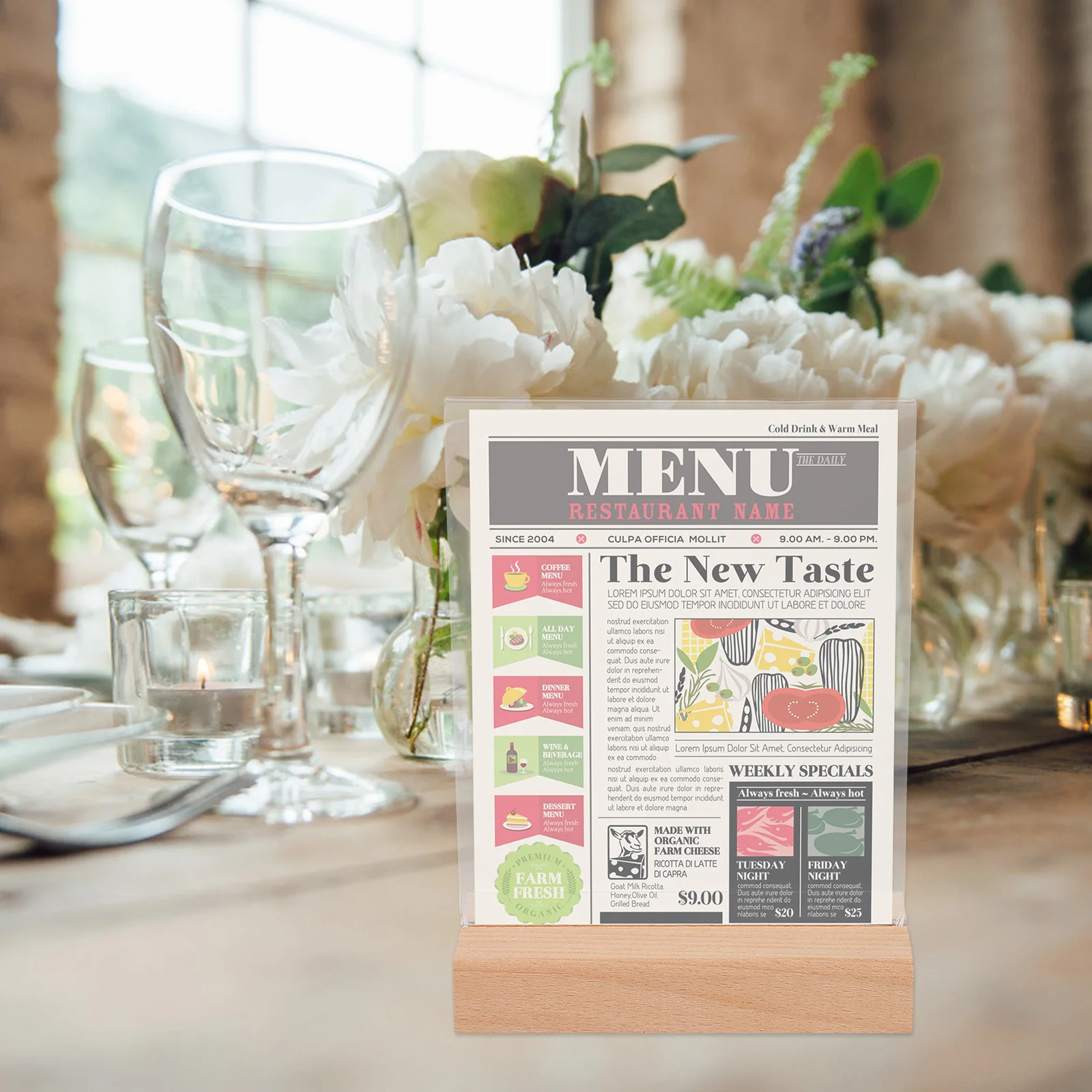 

3Pcs Clear Display Holder Wooden Base Unique Style Table Menu Display Rack Smooth Edges Longlasting Transparent Show Holder