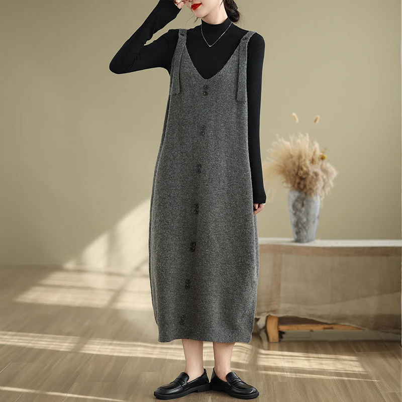 Large Size Women's Autumn Winter Knitted Dr Long Over-Knee Strap Sweater Dr Mid-Length Commute Sle Thi Cotton Polye...