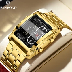 BINBOND Top Brand Luxury Watches for Men Fashion Quartz Wristwatch Square Gold Stainless Steel Business Clock Relogio Masculino