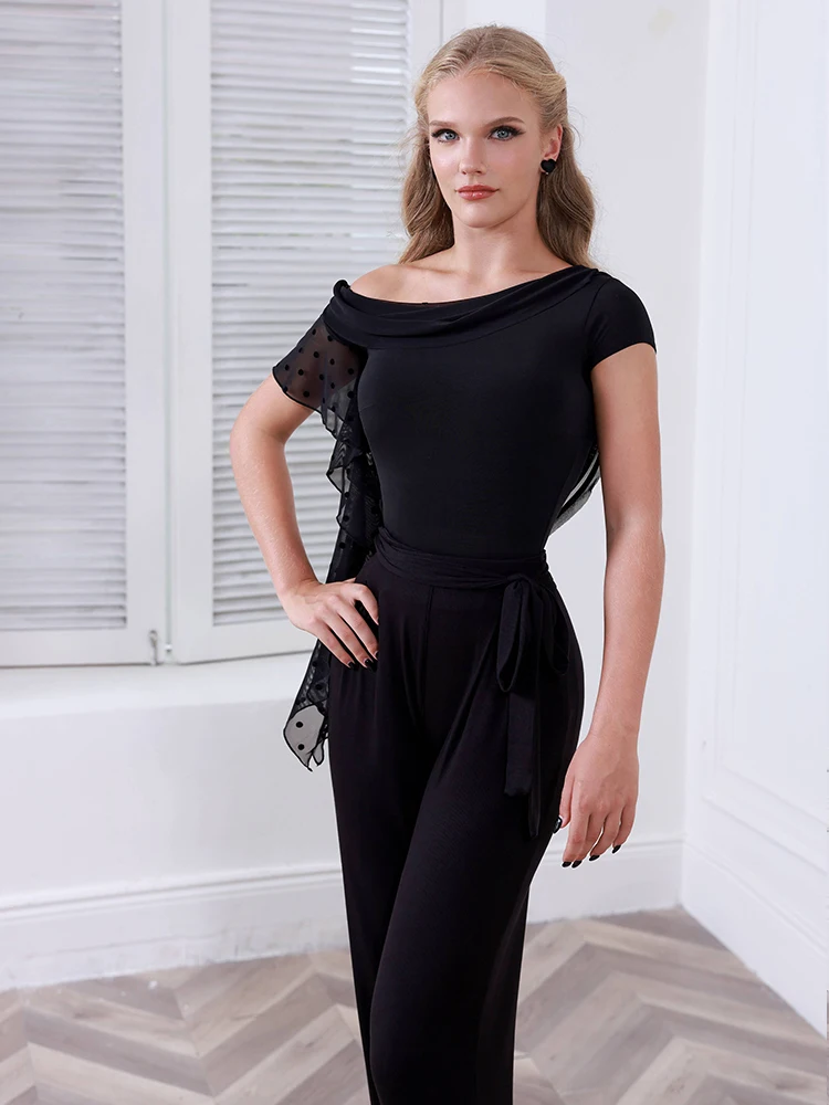 黒標準ダンス服女性社交社交ダンス衣装ワルツ衣装水玉模様のボディスーツ社交練習パンツ 2557