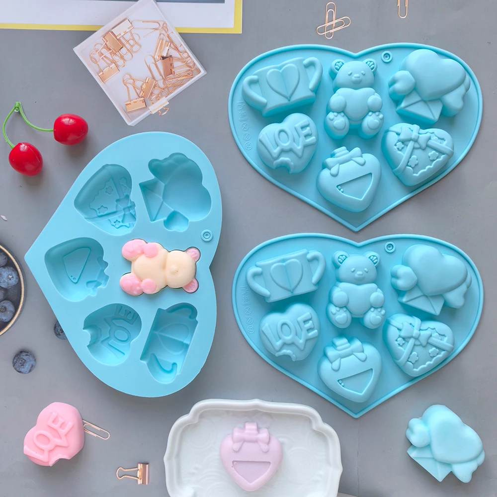 1pc Valentine\'s Day Theme Chocolate Silicone DIY Soft Candy Mold Bear Shape Baking Resin Soap Wax Melting Ice Jelly Mold