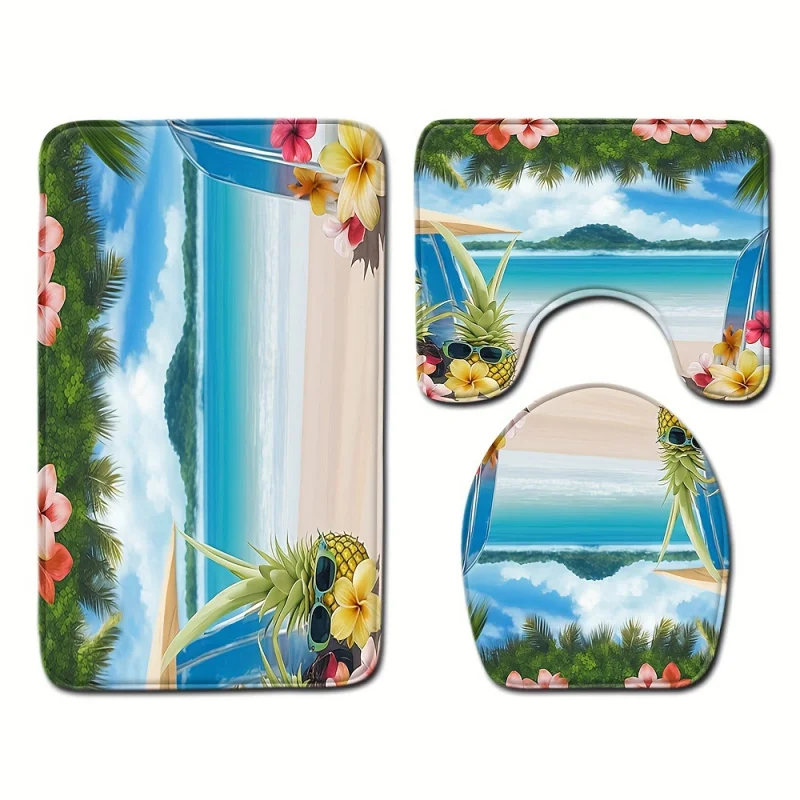 1/3Pcs Seaside Beach Scenery Cat Floor Cover Carpet Toilet Absorbent Door Mat Bathroom Three-Piece Set Ant