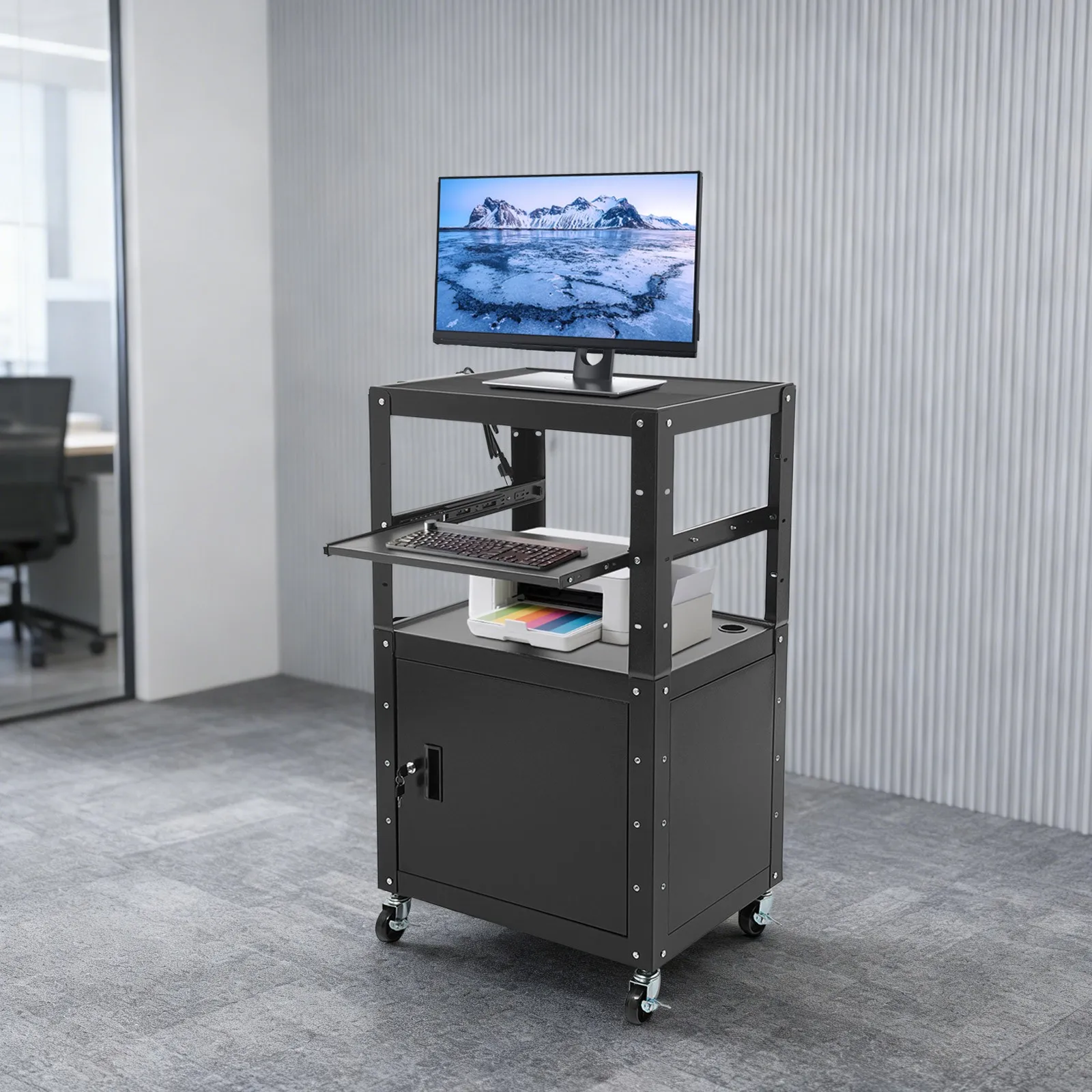 Portable Steel Av Cart Media Cart with Cord Management Multipurpose Rolling 4.9ft Cord Non-slip Rubber Table Mat Pullout Laptop Tray  for Classrooms, Offices, Computer Rooms