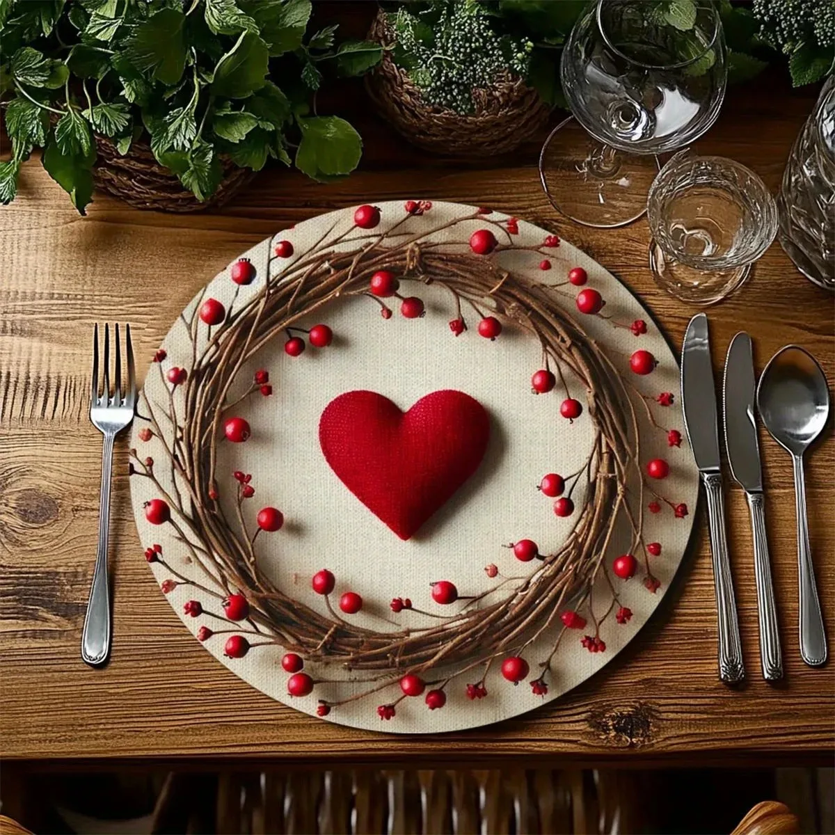 4PCS Valentine Heart Placemats Round Wreath Border Placemats for Romantic Dinner Wedding Anniversary Party Table Decoration