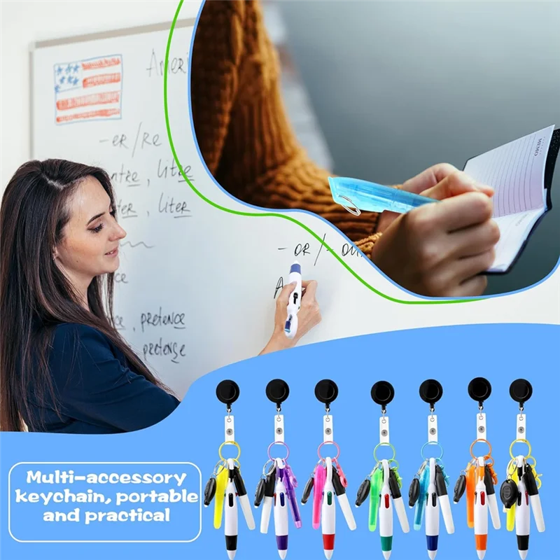【スーパーディール】8パックバッジリールペン格納式シャトルペン、ミニマーカーペン懐中電灯キーリング格納式バッジホルダー付き