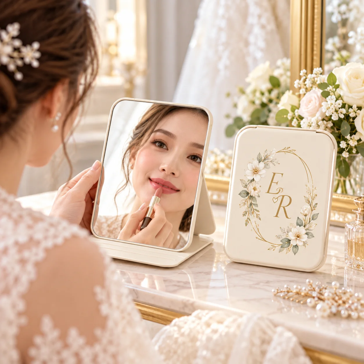 Customizable photo/DIY pattern compact makeup mirror—a simple, foldable, flip-style mirror for your purse; made of lightweight p