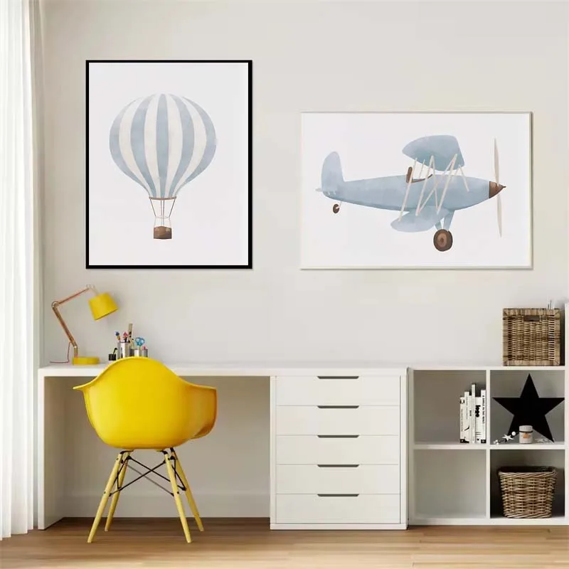 

Nursery Wall Art Blue Hot Air Balloon Plane Train Prints Canvas PaintingVintage Travel Boy Nordic Bedroom Home Decor Poster