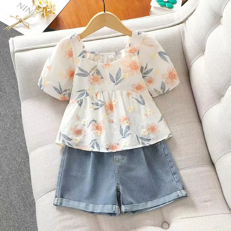 2024 summer girls cotton mesh Floral chiffon t shirt tops blouse + demin short jeans hot pant teenager children set 5 12 year