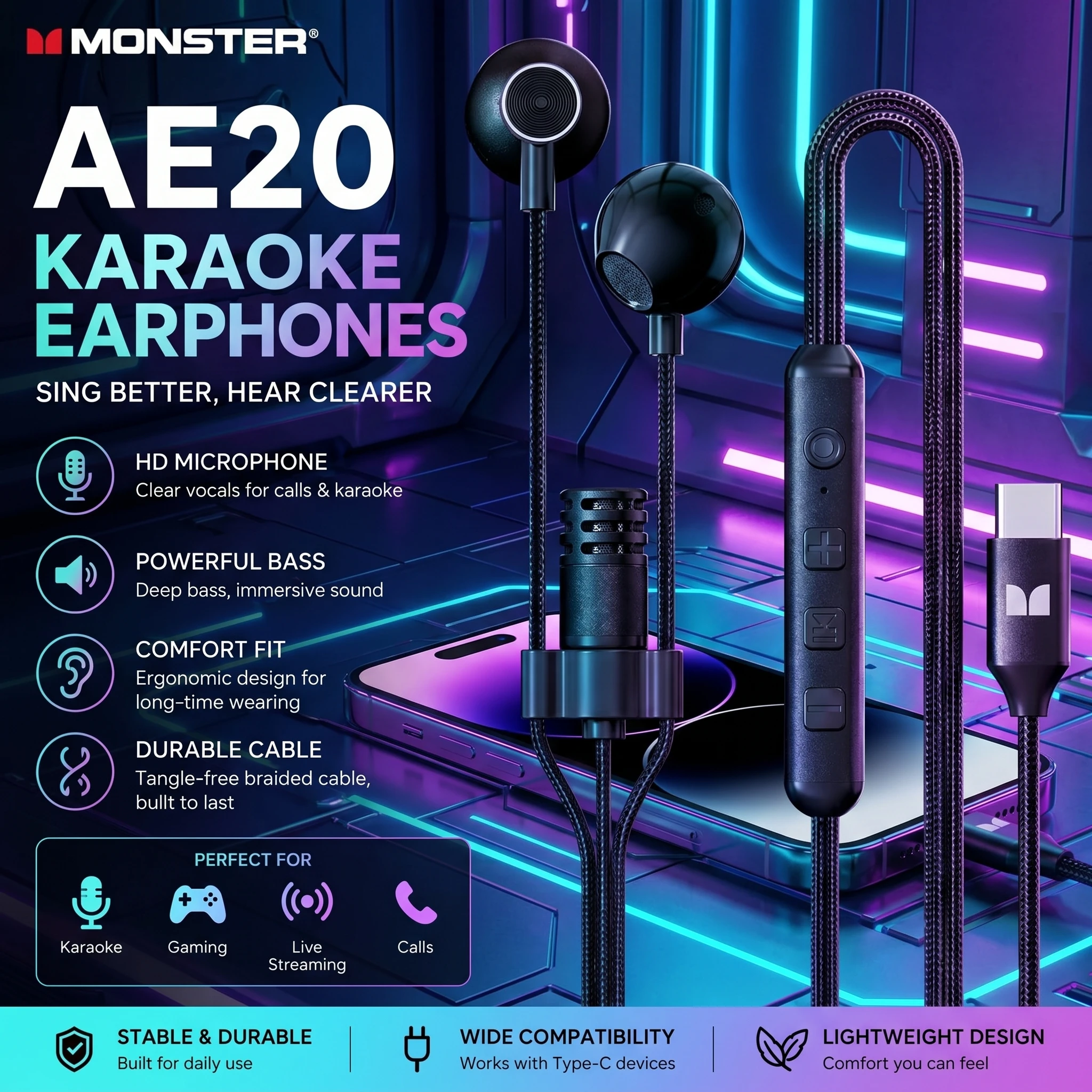 Monster AirStar AE20 Karaoke-Kopfhörer mit ENC-Geräuschunterdrückung, Echtzeit-Überwachung, Kabelgebundener Kopfhörer für Gaming, Live-Streaming und Gesang