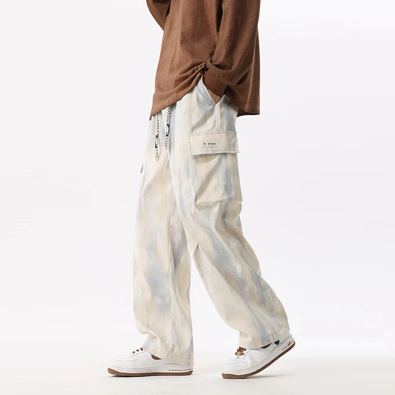 Nieuwe herfst grote zak cargobroek heren casual losse broek outdoor mode trend verven met gradiëntpatronen lange broek