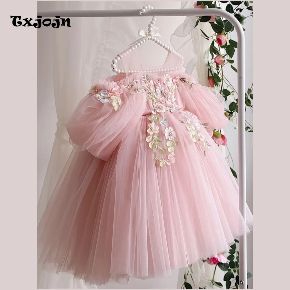 Baby Girl Appliqued Tutu Dress Flower Girl Mesh Princess Dress Toddler Teens Child Vestido Wedding Party Birthday Clothes 1-14Y