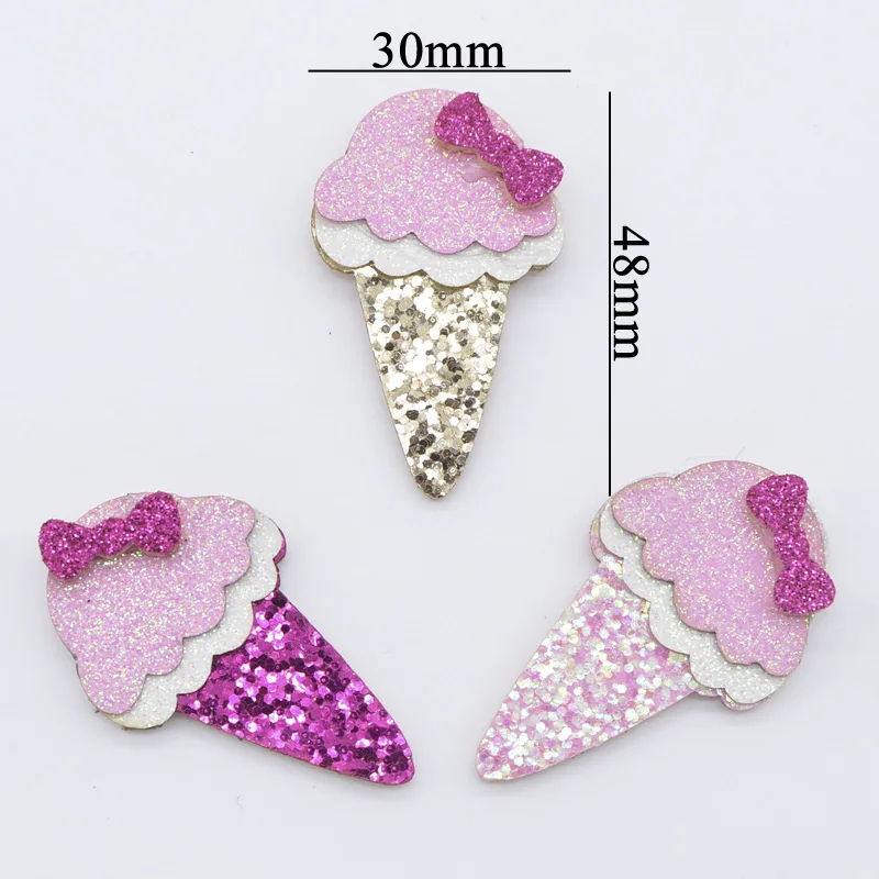 12Pcs 30*48mm Kawaii Pads Glitter Fabric Ice Cream Applique for DIY Crafts Headwear Hair Clips Bow Decor Accessories Patches