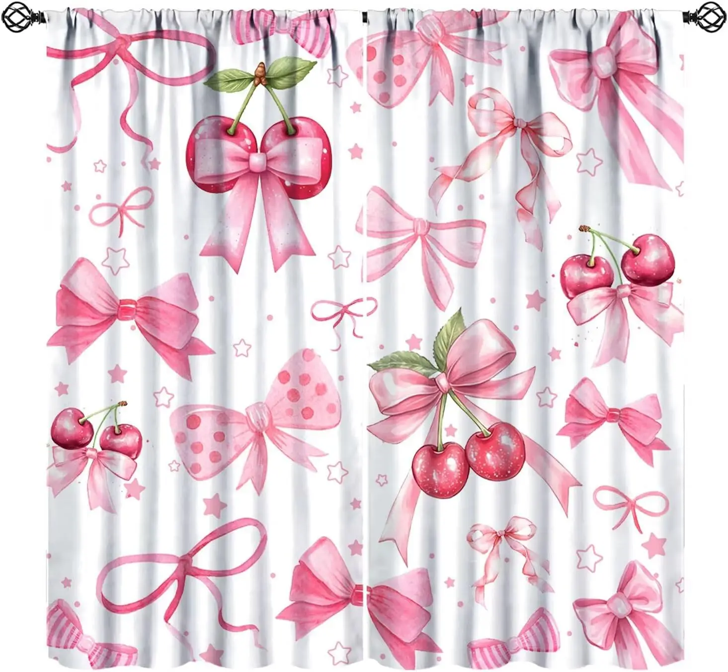 Pink Bow Curtains for Princess, Modern Romantic Aesthetic Sweet Fruit Cherries Ribbon Bows Stars Print Window Curtains for Girls